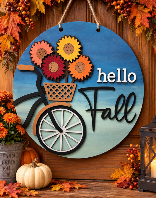Round wooden 18" 'hello Fall' wall/door sign with a bicycle and sunflower design.
