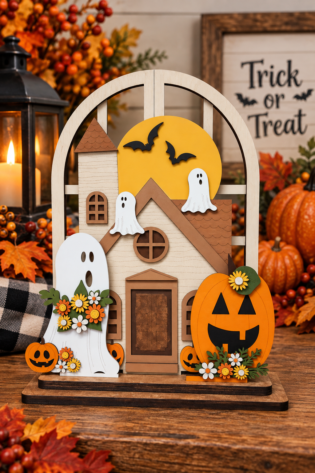 Layered Haunted Halloween arched window decor with ghosts and pumpkins