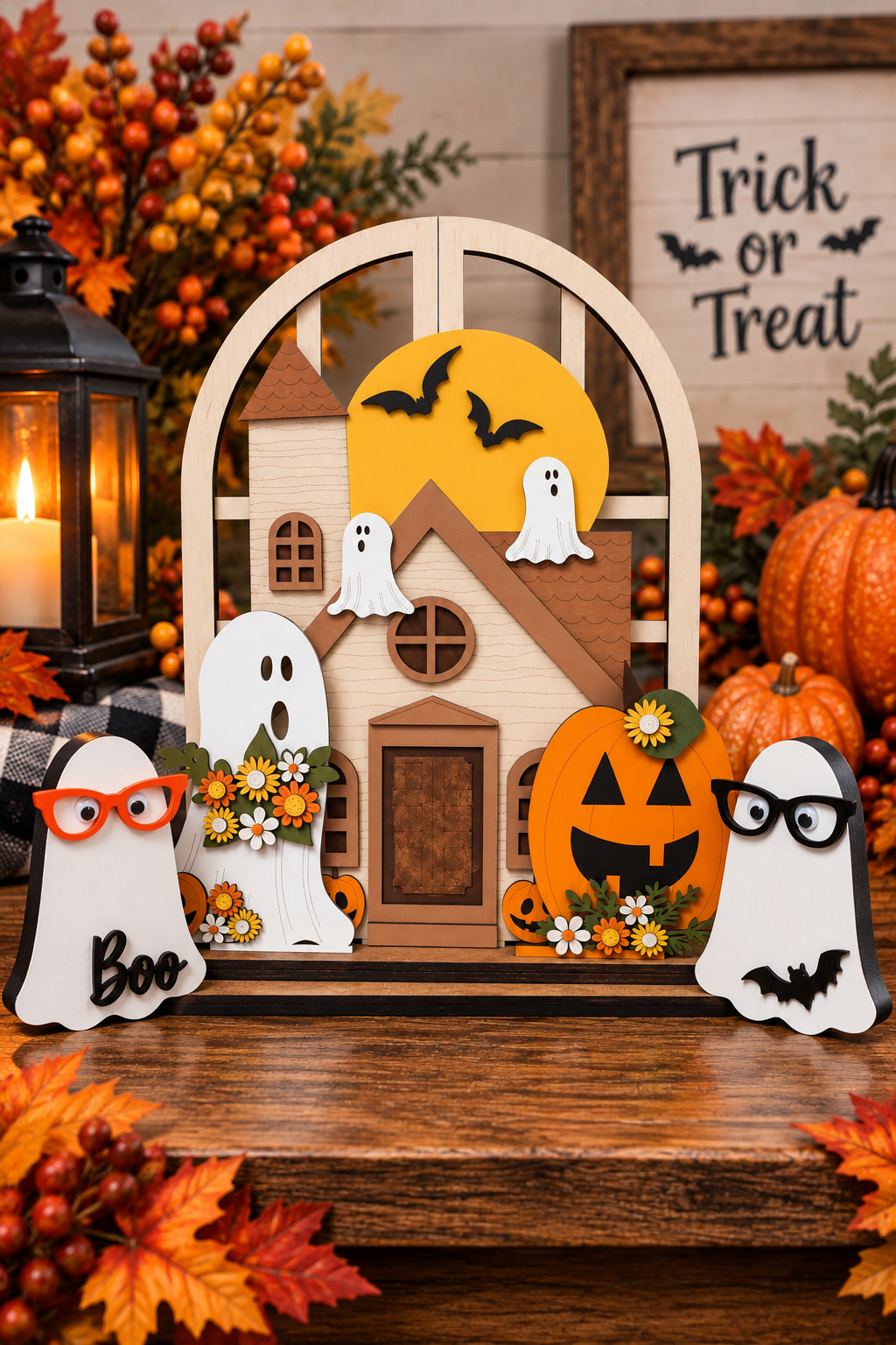 Ghost shelf sitters displayed beside the Haunted Halloween arched window decor