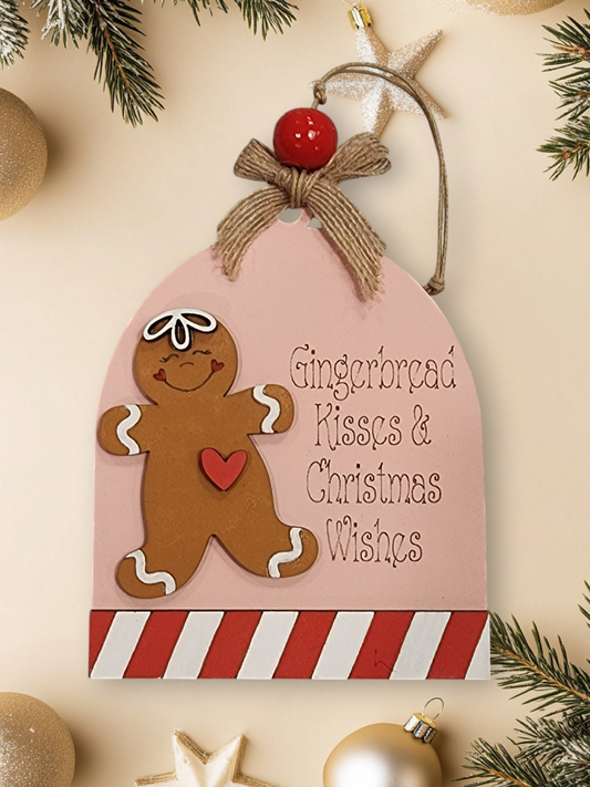 Pink Gingerbread Kisses and Christmas Wishes layered wood ornament