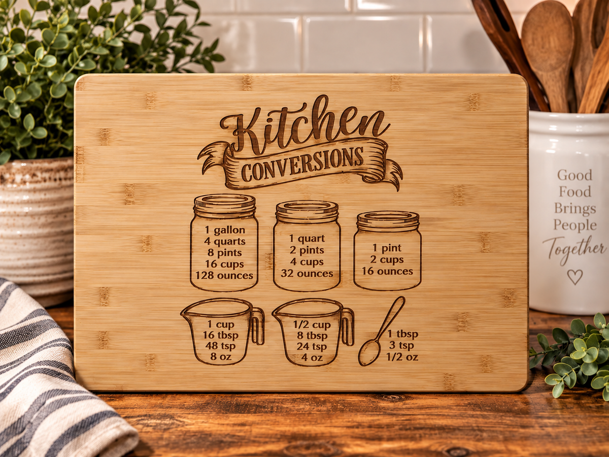 Bamboo cutting board with Kitchen Conversions engraving on the recommended flat back side
