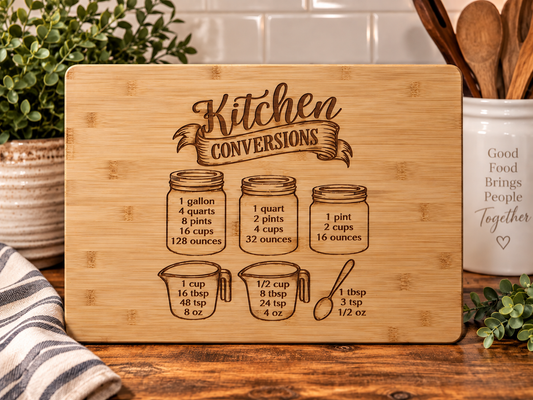 Bamboo cutting board with Kitchen Conversions engraving on the recommended flat back side