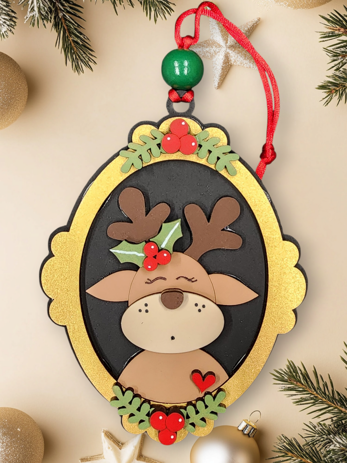Sweet layered wood reindeer Christmas ornament with festive details