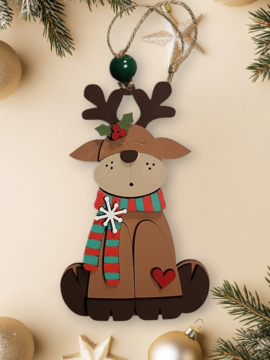 Festive layered wood reindeer Christmas ornament with striped scarf and holly
