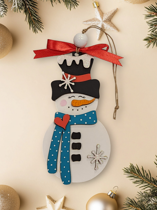 Whimsical layered wood snowman ornament with blue polka dot scarf