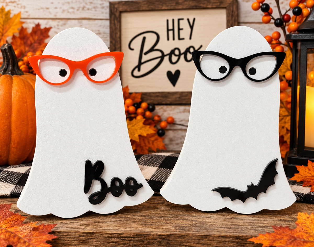 Pair of layered wooden Halloween ghost shelf sitters with acrylic glasses, Boo and bat accents