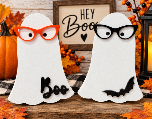 Pair of layered wooden Halloween ghost shelf sitters with acrylic glasses, Boo and bat accents