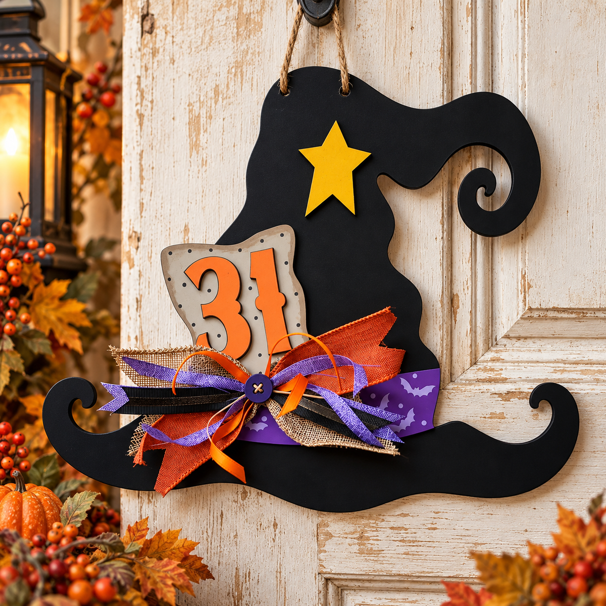 Black witch hat Halloween door hanger with orange 31, purple accents and layered bow